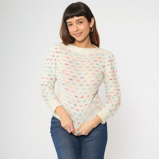 80s White Rainbow Striped Puff Sleeve Knit Sweater Boatneck Pullover XS