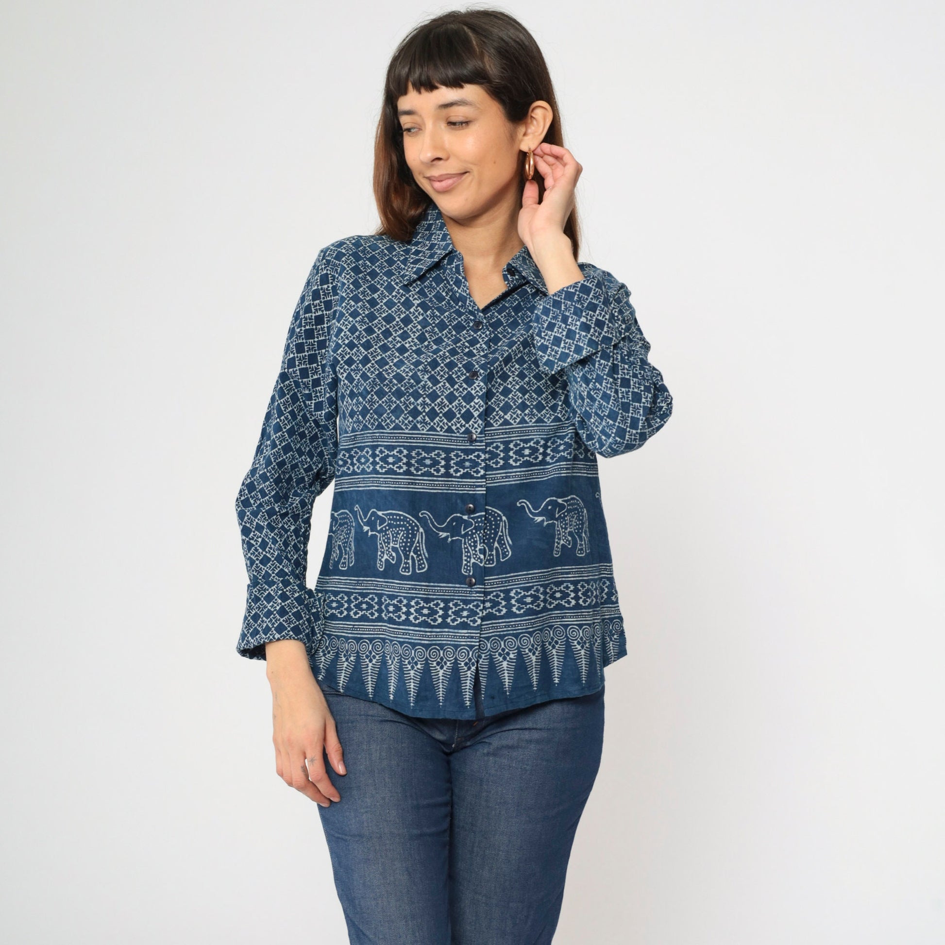 Y2K Blue Batik Elephant Print Button-Up Blouse Long Sleeve Medium