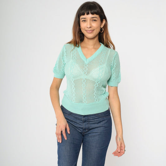 80s Aqua Open Weave Knit Sweater Top V-Neck Short Sleeve Extra Small