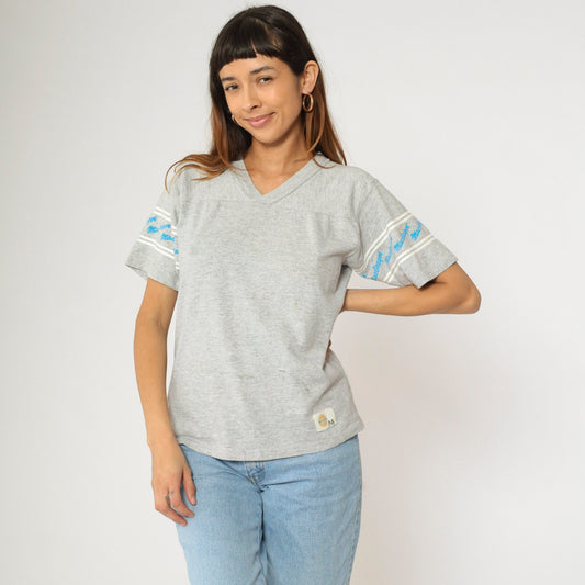 80s MacGregor V-Neck T-Shirt Grey Spellout Sleeve Tee Medium