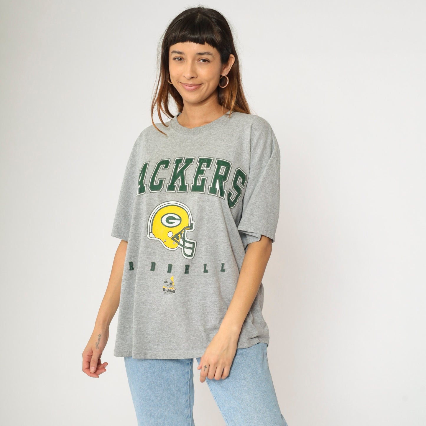 90s Green Bay Packers Riddell NFL Graphic T-Shirt Heather Grey Large L