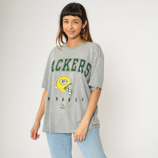 90s Green Bay Packers Riddell NFL Graphic T-Shirt Heather Grey Large L