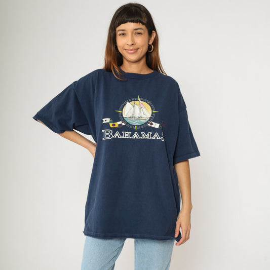 90s Bahamas Sailboat Graphic T Shirt Cotton Nautical Flag Tee Extra Extra Large XXL