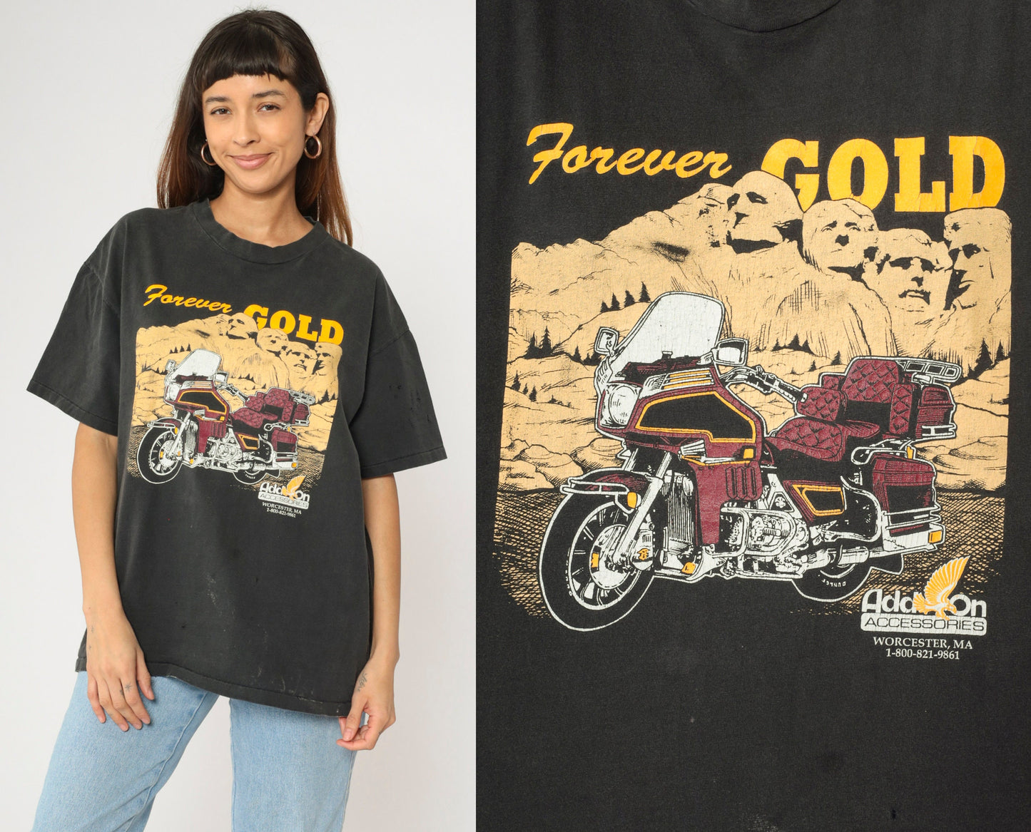 90s Mount Rushmore Forever Gold Motorcycle Graphic Tee Black Cotton Extra Large