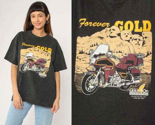90s Mount Rushmore Forever Gold Motorcycle Graphic Tee Black Cotton Extra Large