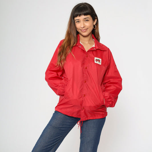 70s Red Windbreaker Jacket Snap Button N Strawberry Patch Small