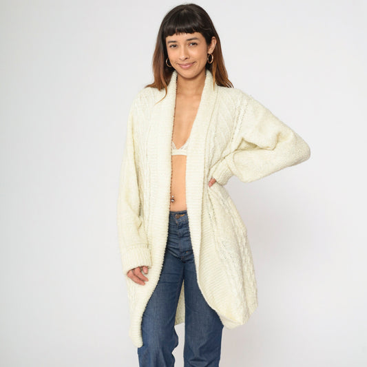 90s Cream Cardigan Open Front Longline Knit Sweater Medium