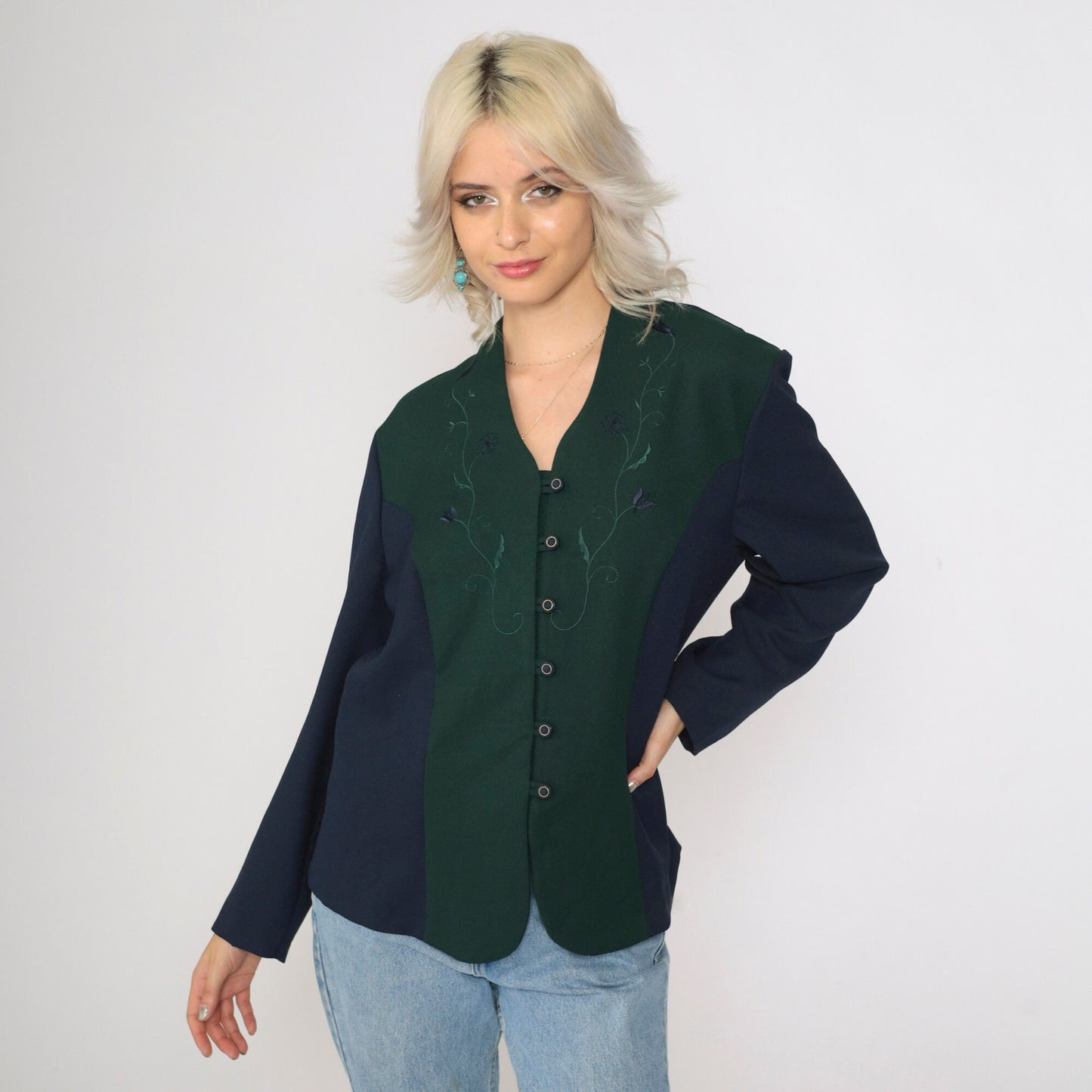 90s Pride & Joy Floral Embroidered Color Block Blouse Green Navy Large Petite
