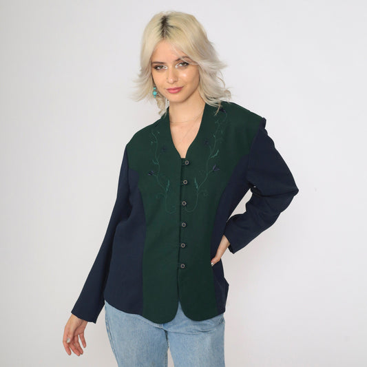 90s Pride & Joy Floral Embroidered Color Block Blouse Green Navy Large Petite