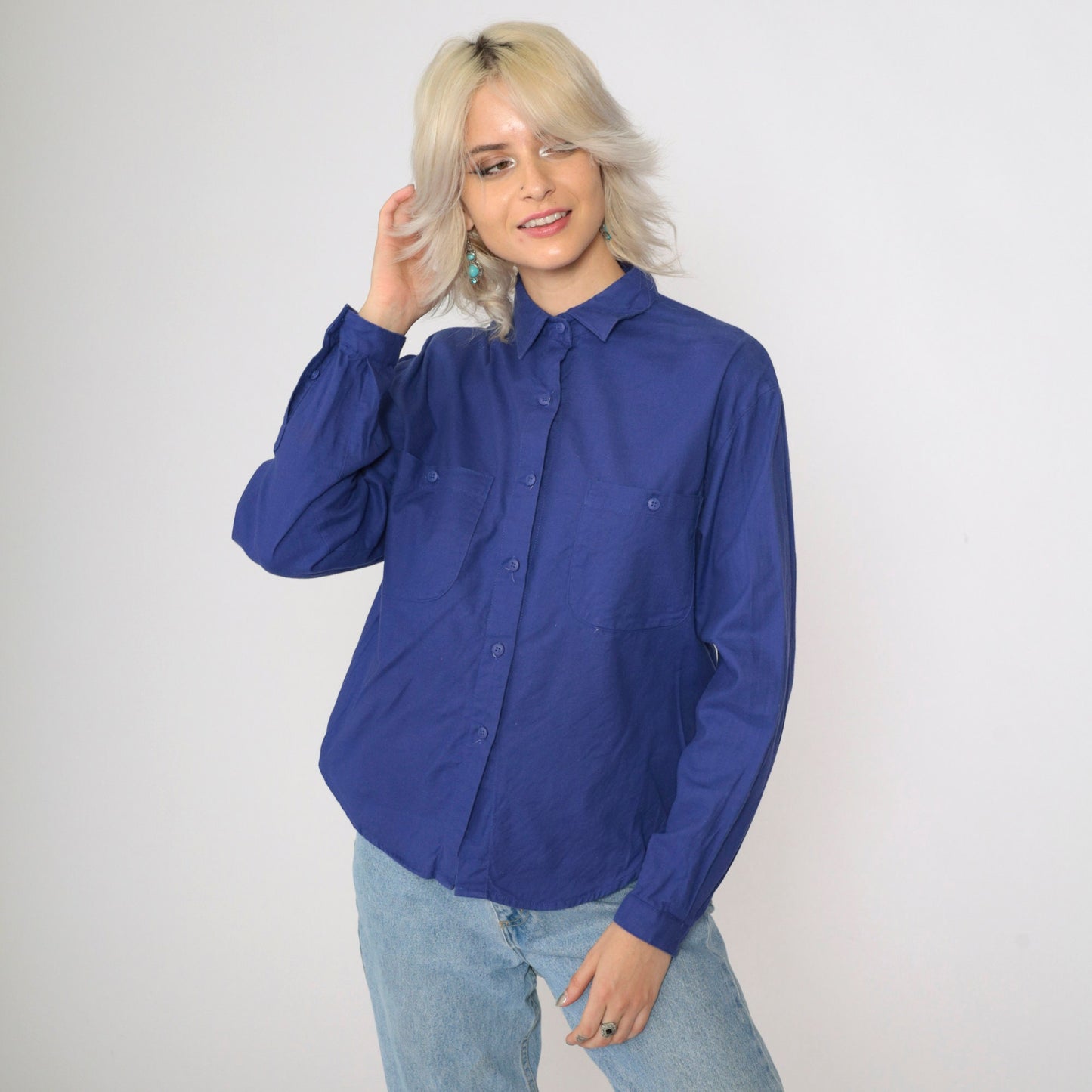 90s Blue Collared Blouse Cotton Button-Up Long Sleeve Chest Pocket Large