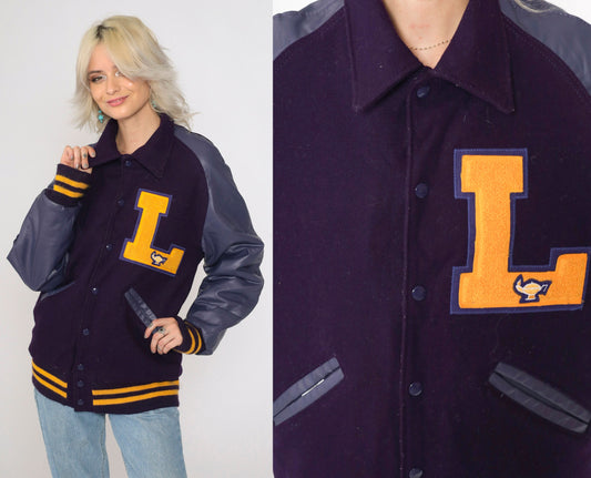 00s Neff Wool Varsity Jacket Purple Faux Leather Sleeves Magic Lamp Small