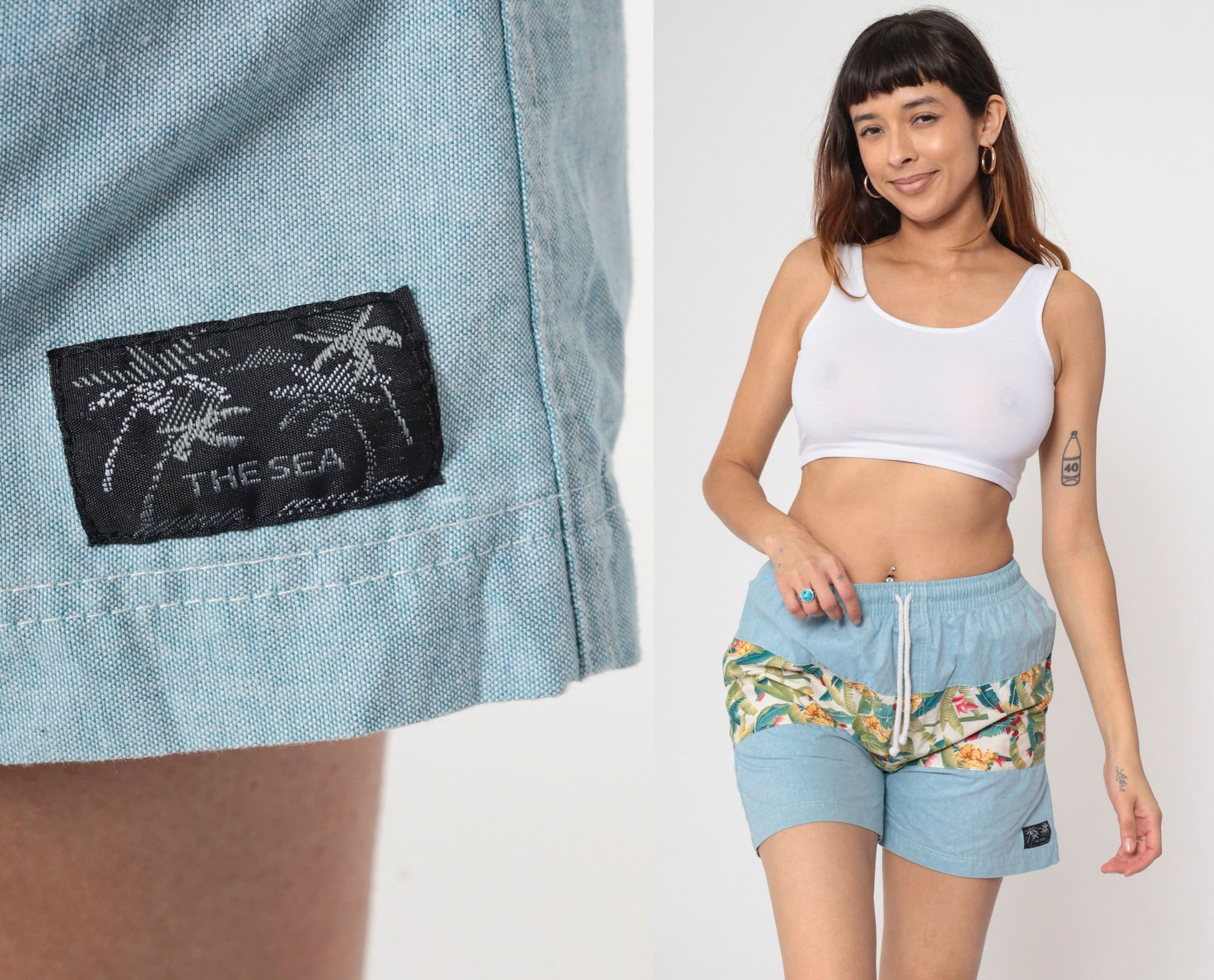 Y2K Tropical Banana Leaf Beach Shorts Blue Chambray Drawstring Small