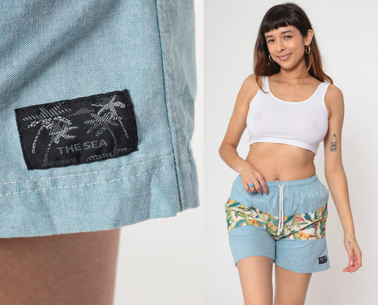 Y2K Tropical Banana Leaf Beach Shorts Blue Chambray Drawstring Small