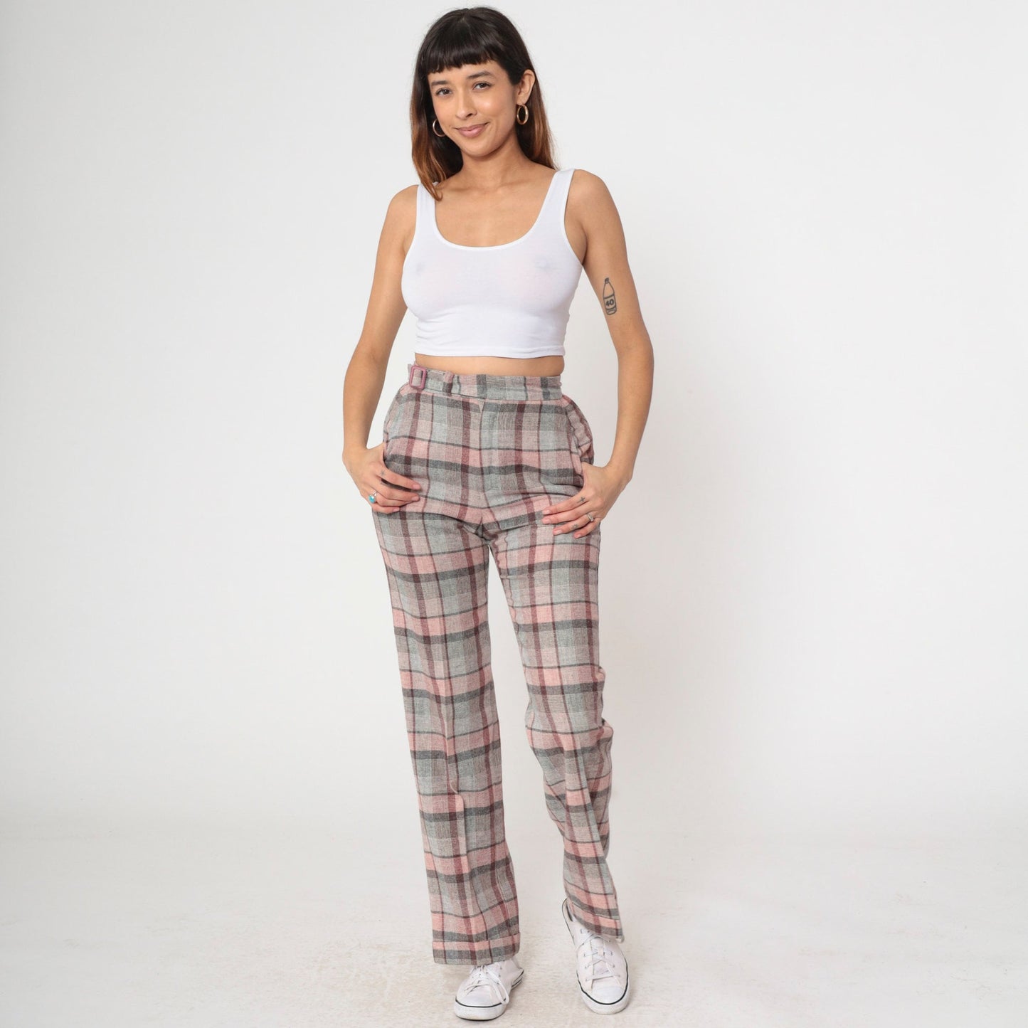 70s The Limited Plaid High-Waisted Trousers Pink Grey Wool Blend Small
