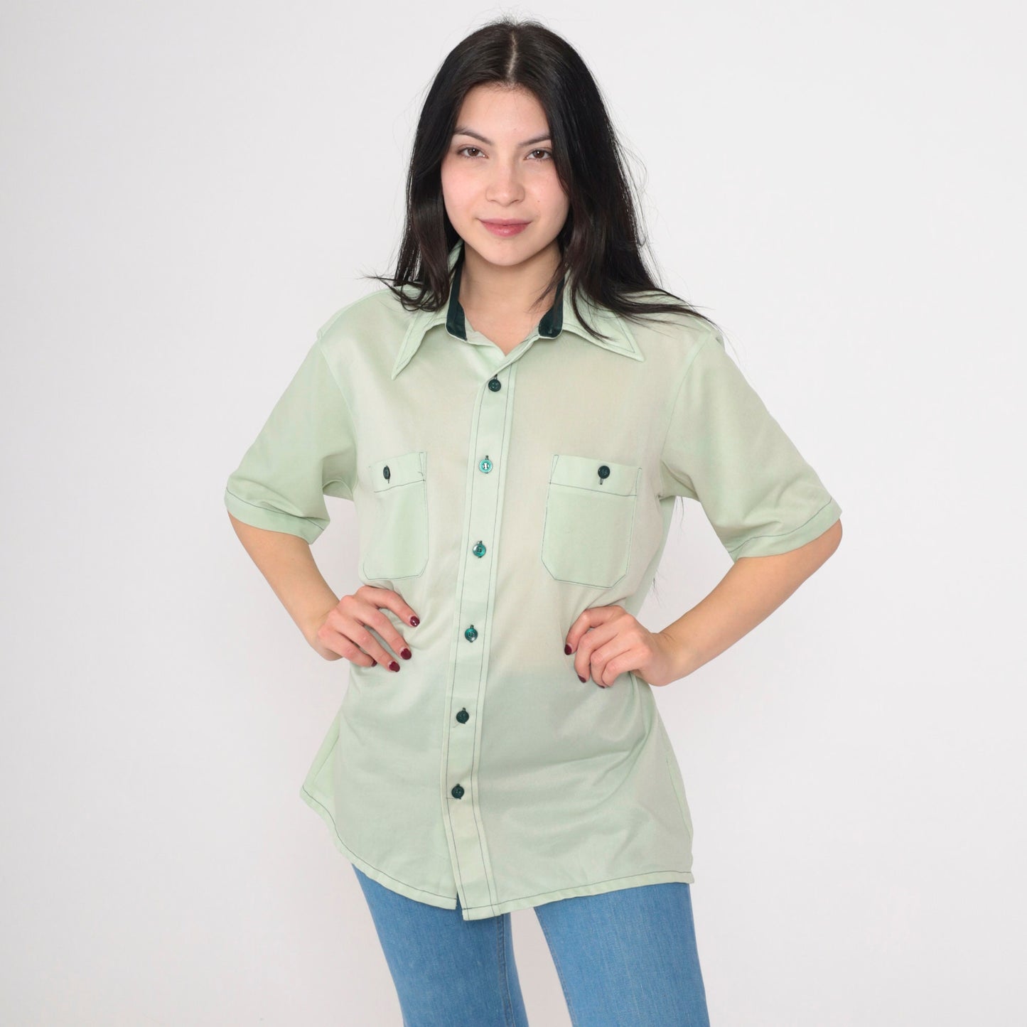 70s Mint Green Button Up Shirt Short Sleeve Collared Chest Pockets Large