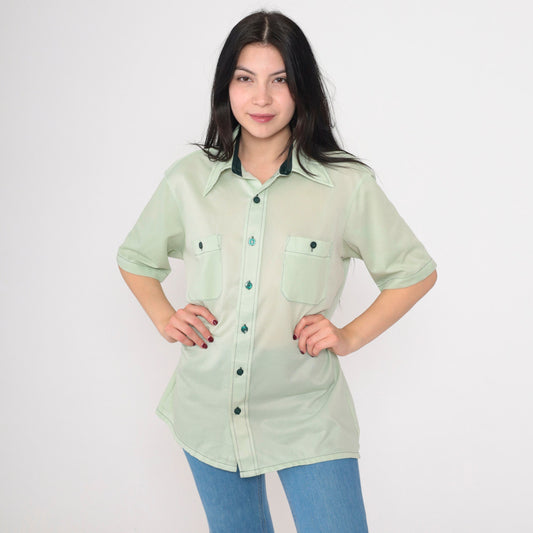 70s Mint Green Button Up Shirt Short Sleeve Collared Chest Pockets Large