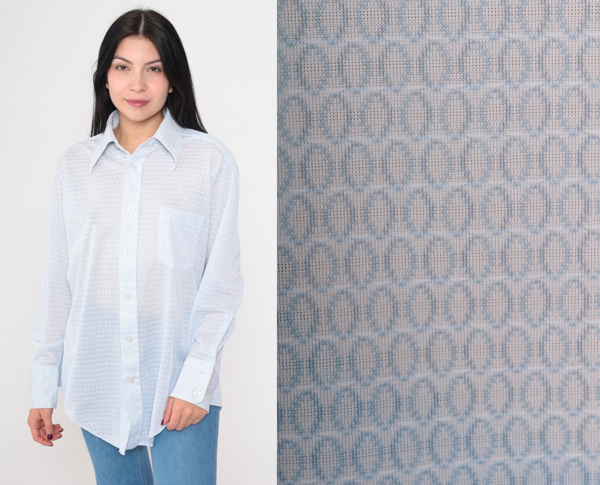 70s Sears Geometric Print Button Up Shirt White Blue Dagger Collar Large