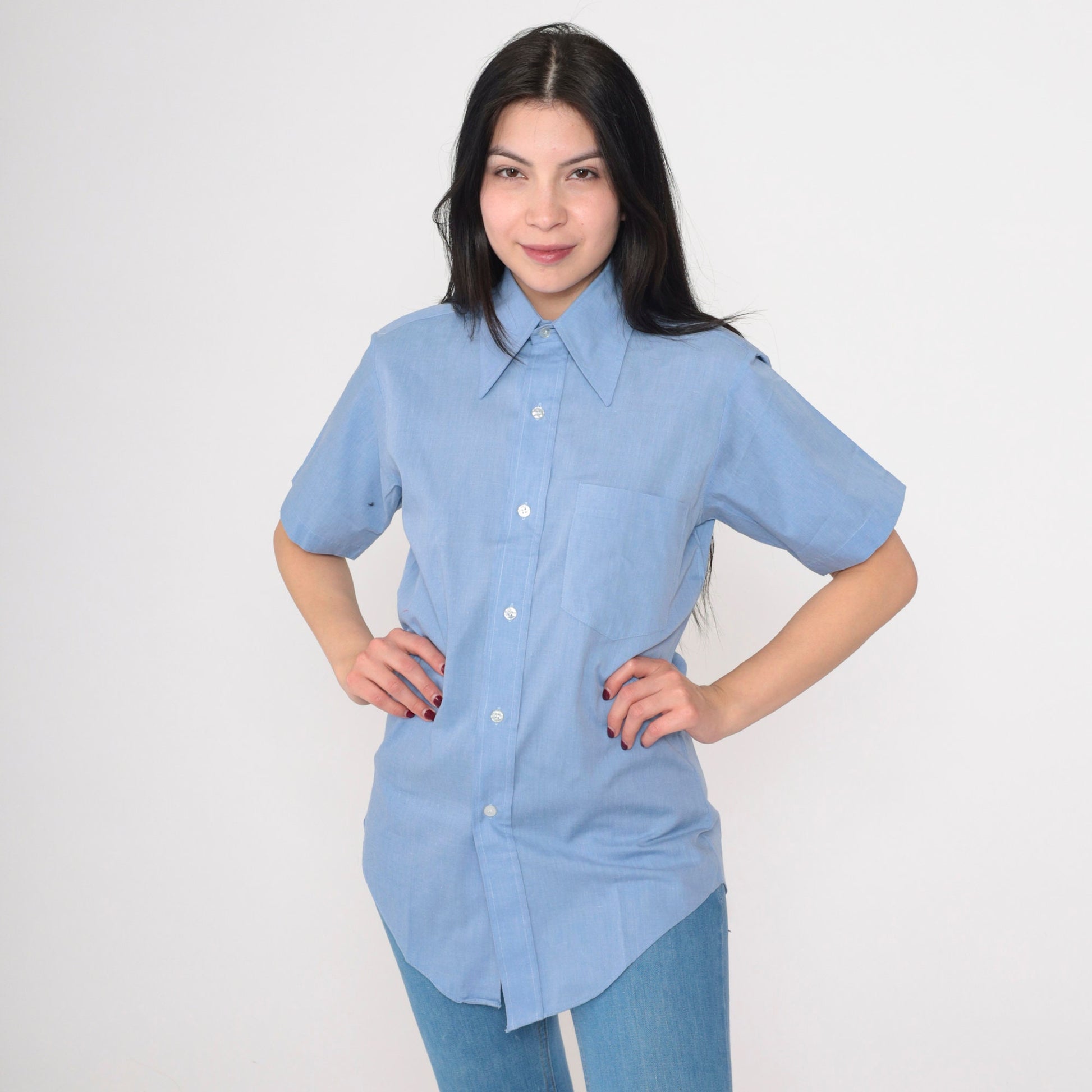 70s Fleetline Chambray Button-Up Shirt Blue Dagger Collar Short Sleeve Small
