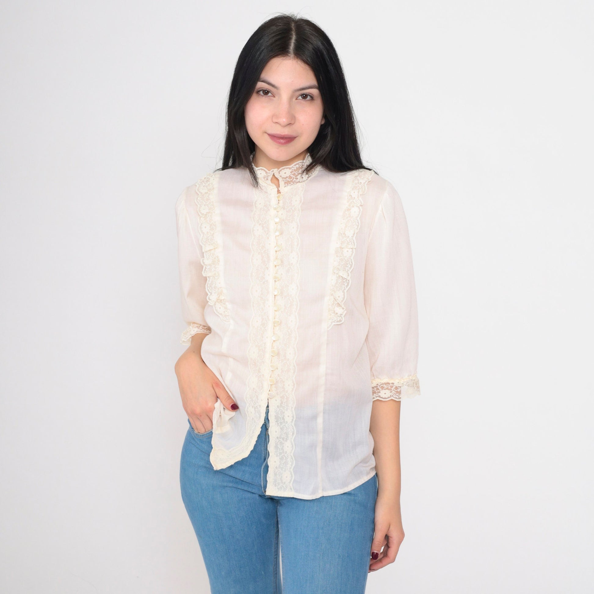 70s Sheer Ivory Lace Blouse Puff Sleeve Pearl Button Up Medium