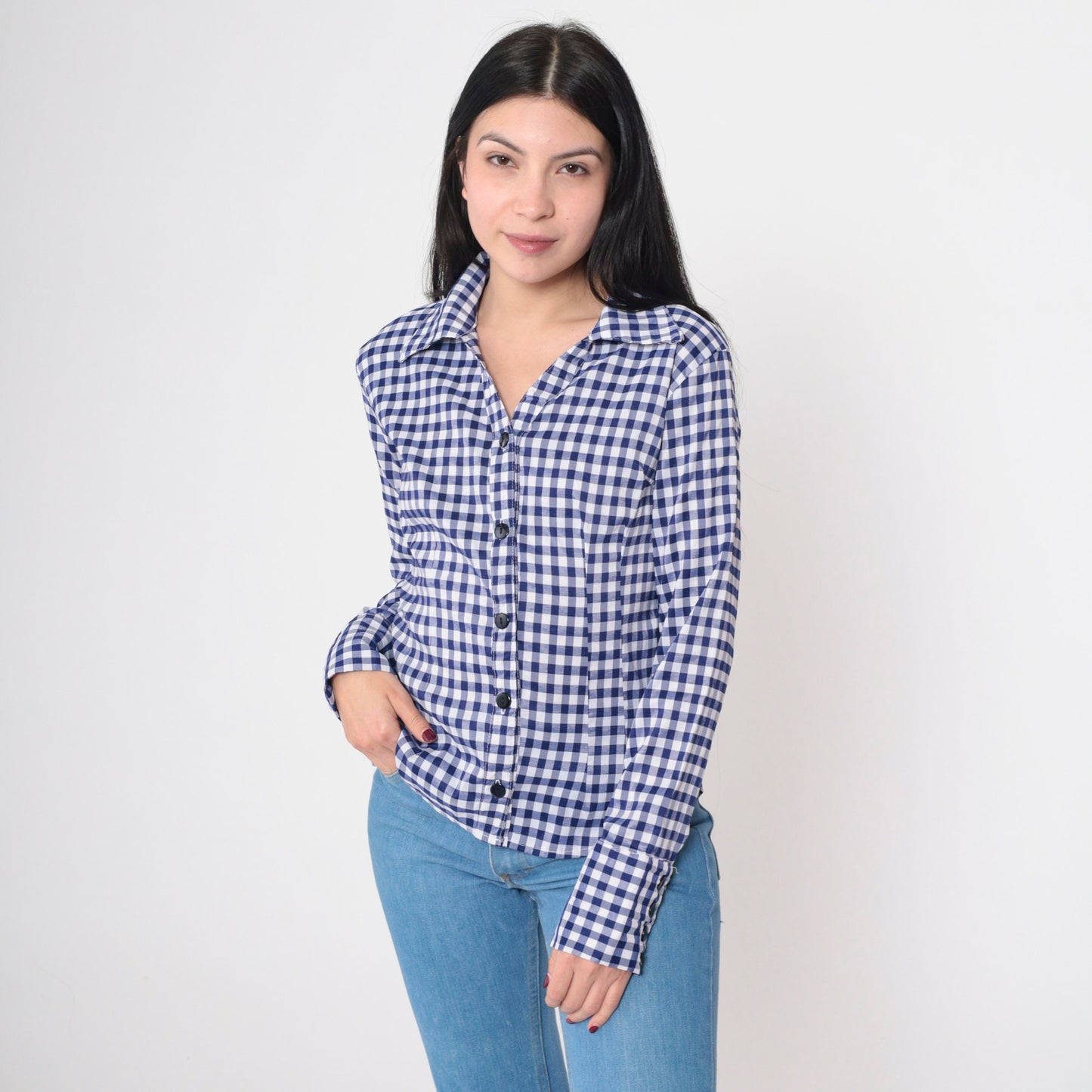 80s Blue Gingham Button-Up Blouse Princess Seam V-Neck Long Sleeve Small S
