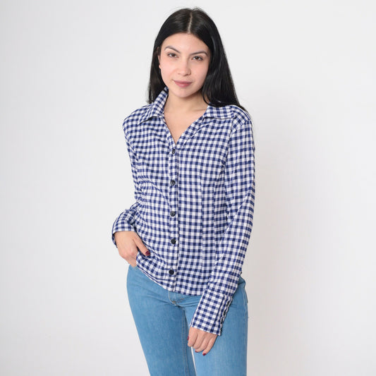 80s Blue Gingham Button-Up Blouse Princess Seam V-Neck Long Sleeve Small S