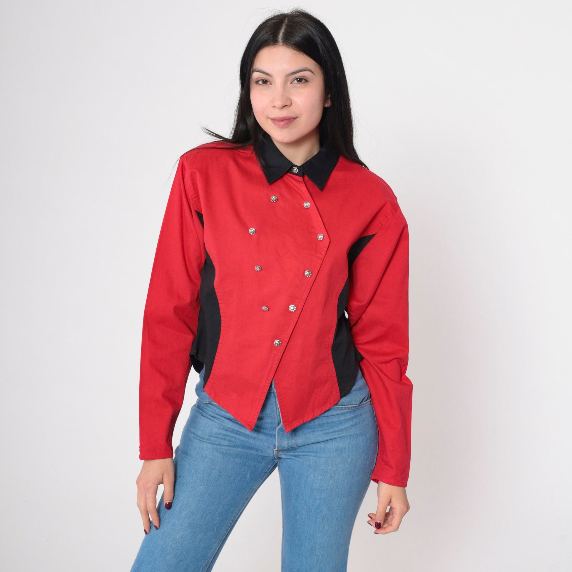 Y2K Wrangler Silver Lake Color Block Western Shirt Red Black Cotton Large