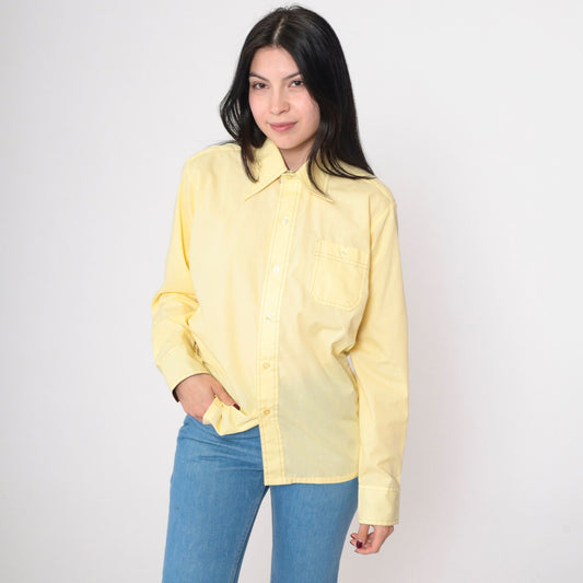 70s Yellow Dagger Collar Button-Up Shirt Topstitched Long Sleeve Medium