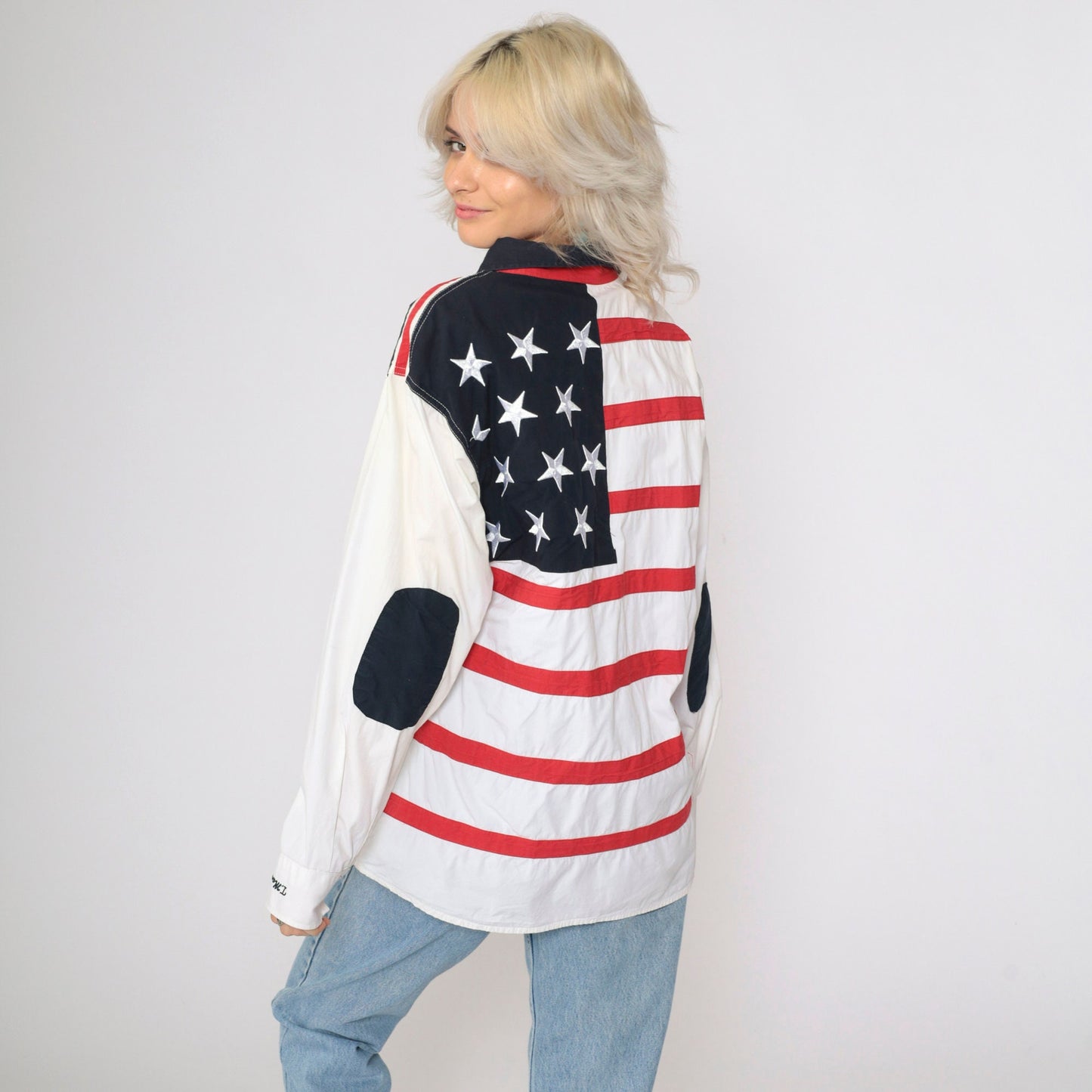 00s Royal Yacht Club Embroidered Button-Up Shirt White Patriotic American Flag Large