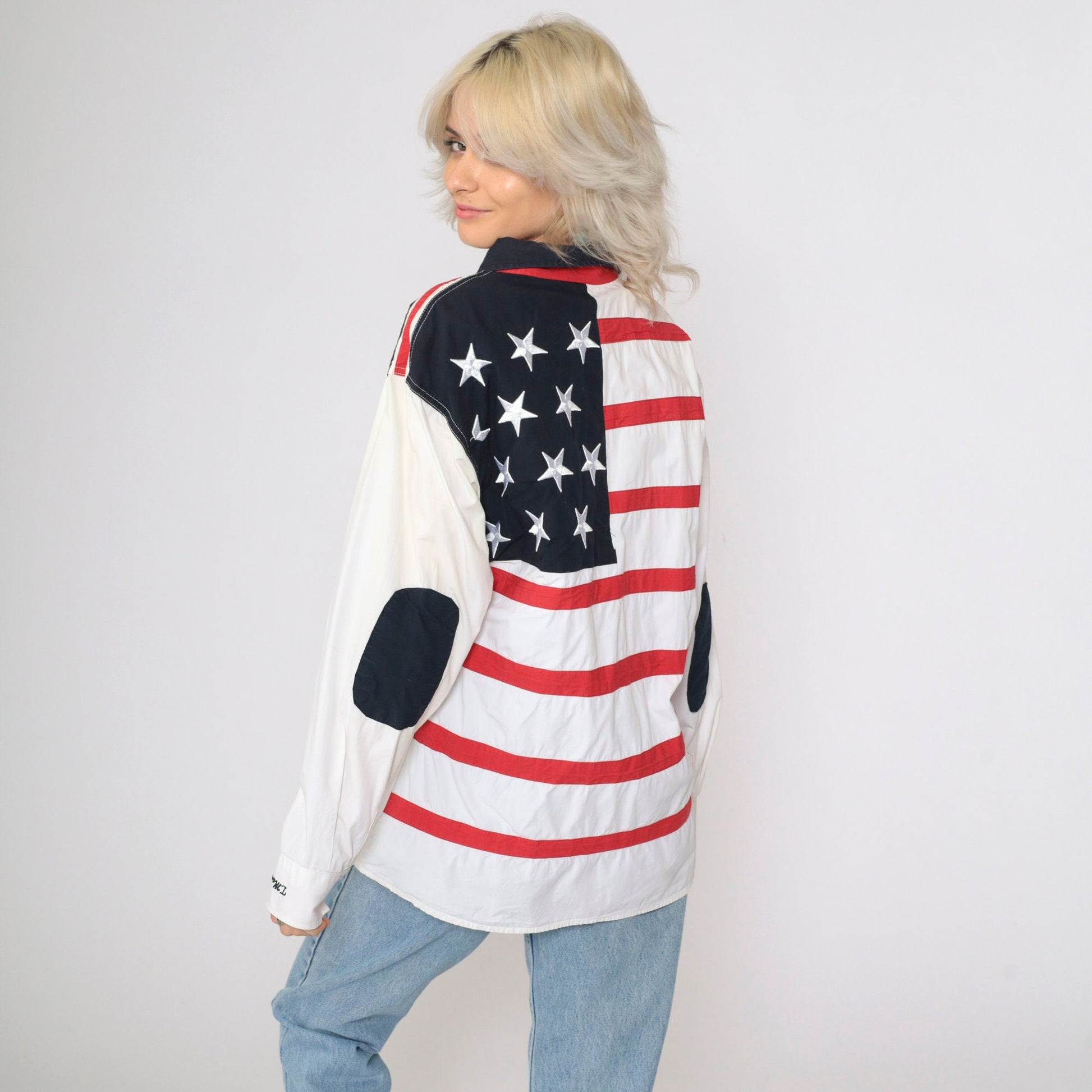 00s Royal Yacht Club Embroidered Button-Up Shirt White Patriotic American Flag Large
