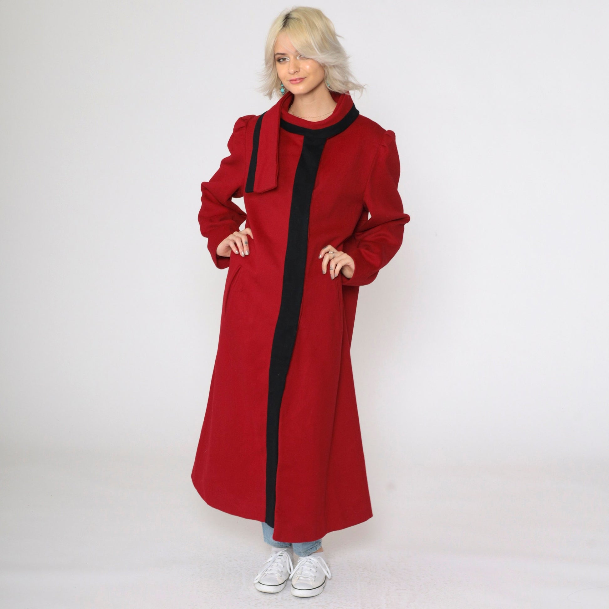 80s Alorna Wool Coat Red Black Trim Long Overcoat Puff Sleeve Medium