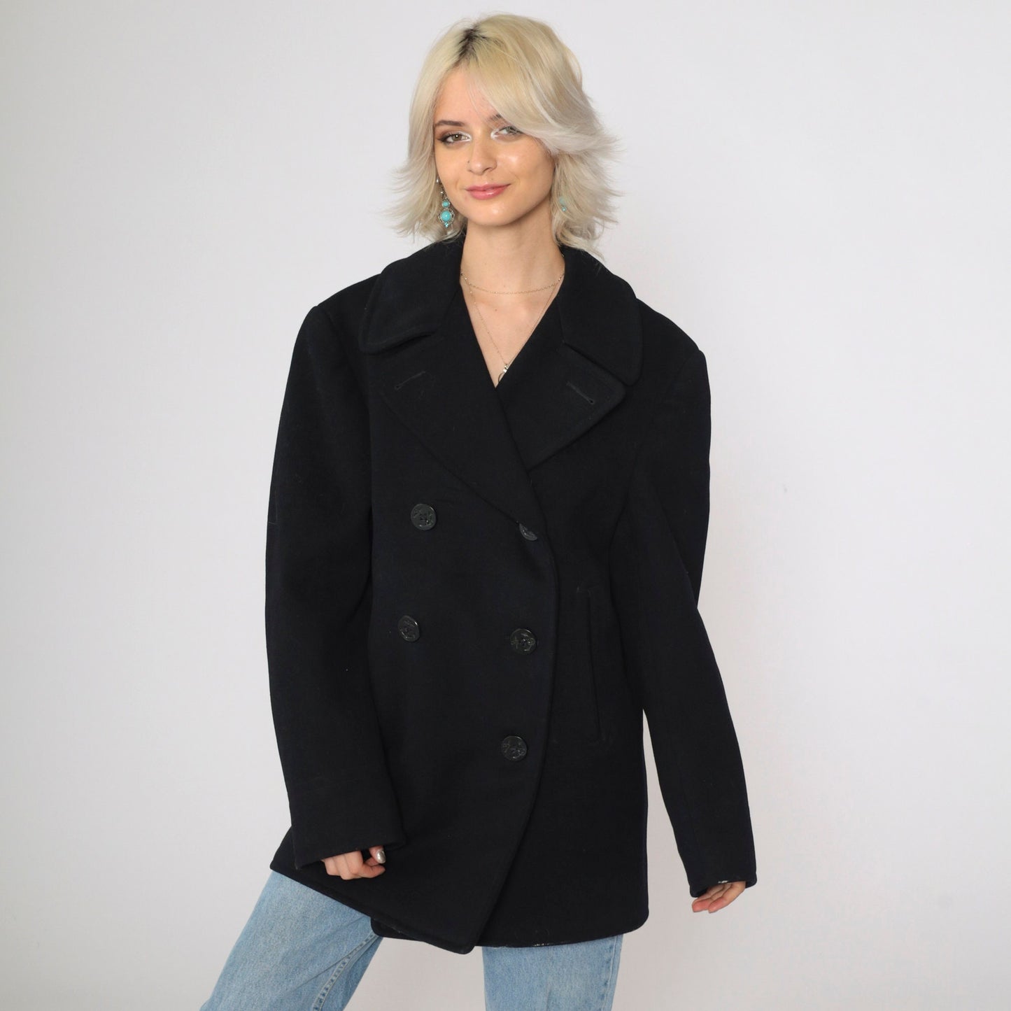 1940s US Navy Pea Coat Wool Double Breasted Black Jacket Medium 36