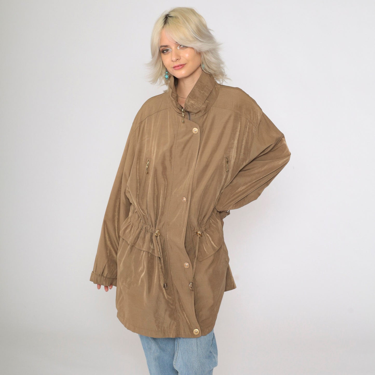 90s Plus Size Brown Windbreaker Jacket Drawstring Waist Zip Pockets XXL