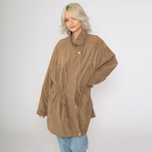 90s Plus Size Brown Windbreaker Jacket Drawstring Waist Zip Pockets XXL