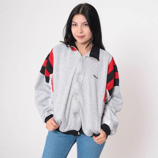 80s Wilson Track Jacket Grey Red Black Striped Zip Up Extra Large XL