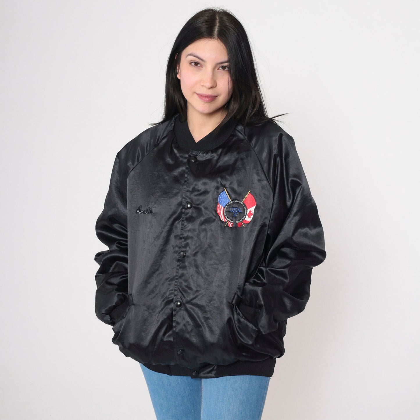 90s AFL-CIO Iron Workers Union Satin Bomber Jacket Black XXL