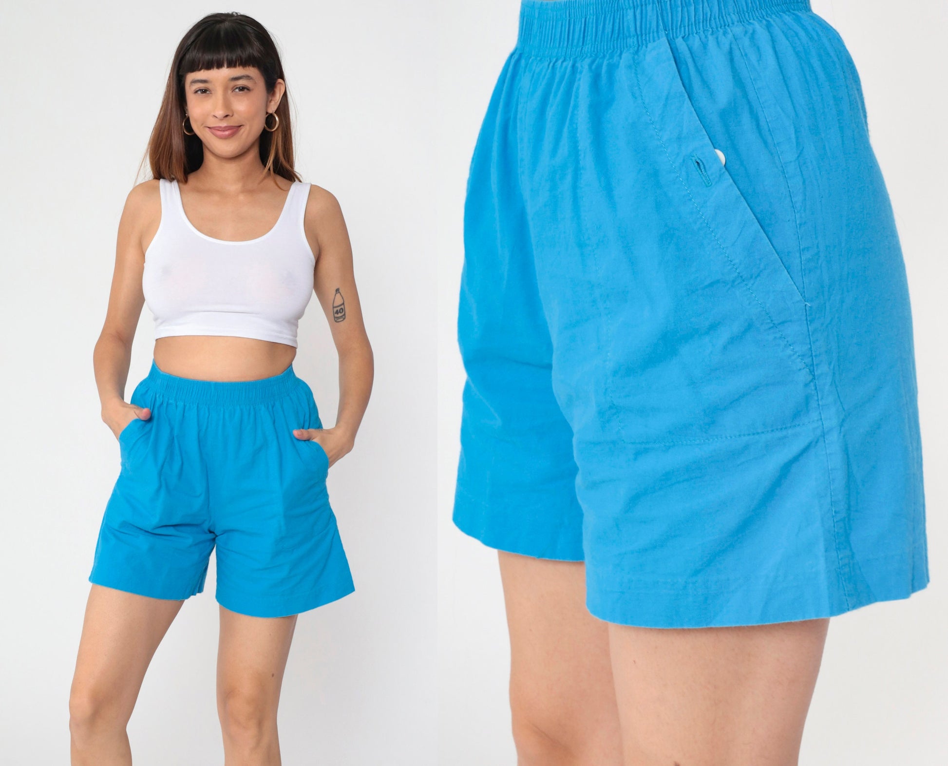 90s Blue Cotton Lounge Shorts High Waist Elastic Waist Small S