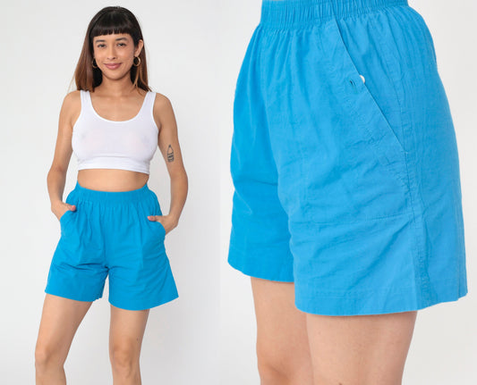 90s Blue Cotton Lounge Shorts High Waist Elastic Waist Small S