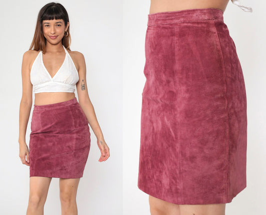 90s Gitano Suede Mini Skirt Deep Pink Pencil High Waist Small S