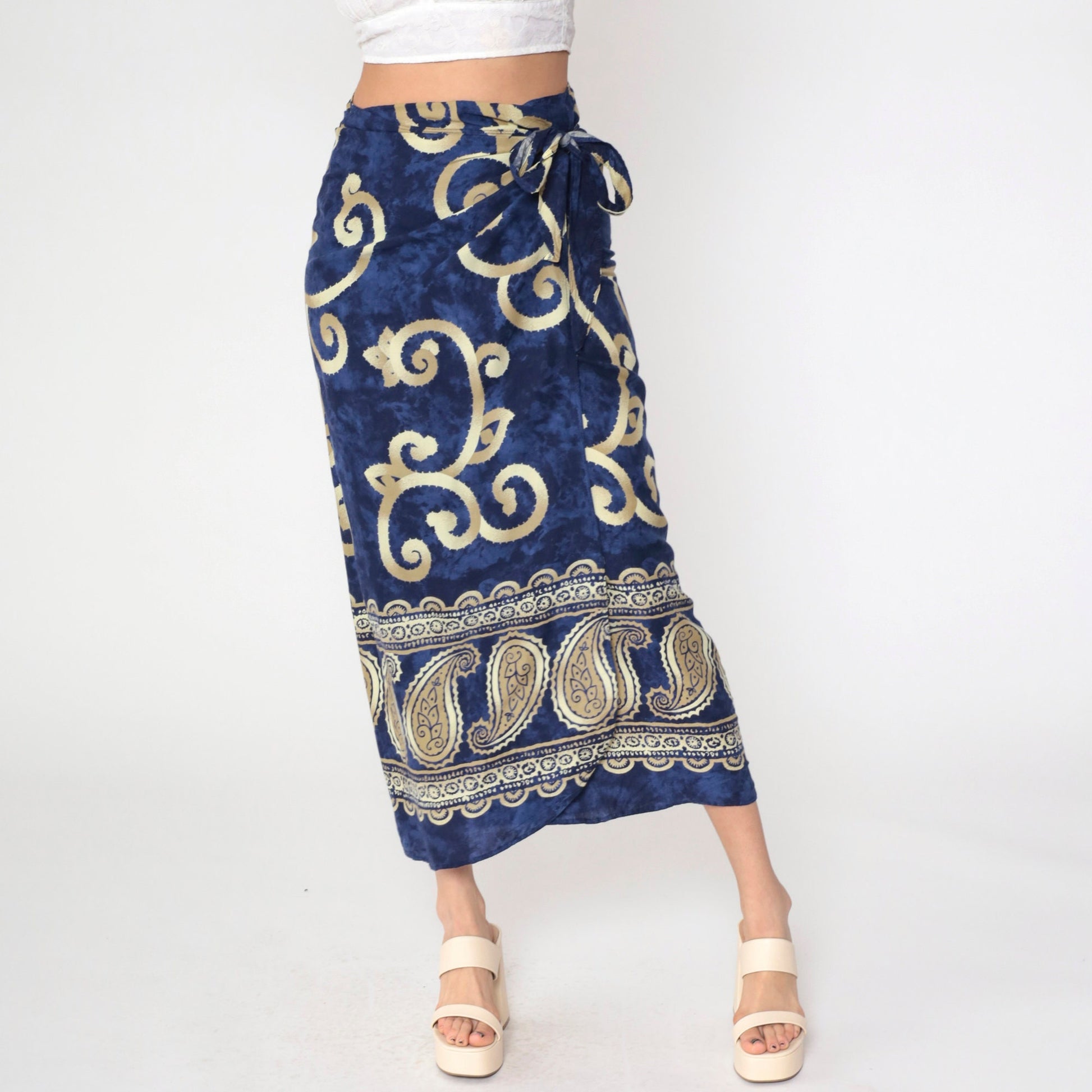 Y2K Sarong Wrap Skirt Paisley Scroll Print Dark Blue Midi Medium Large