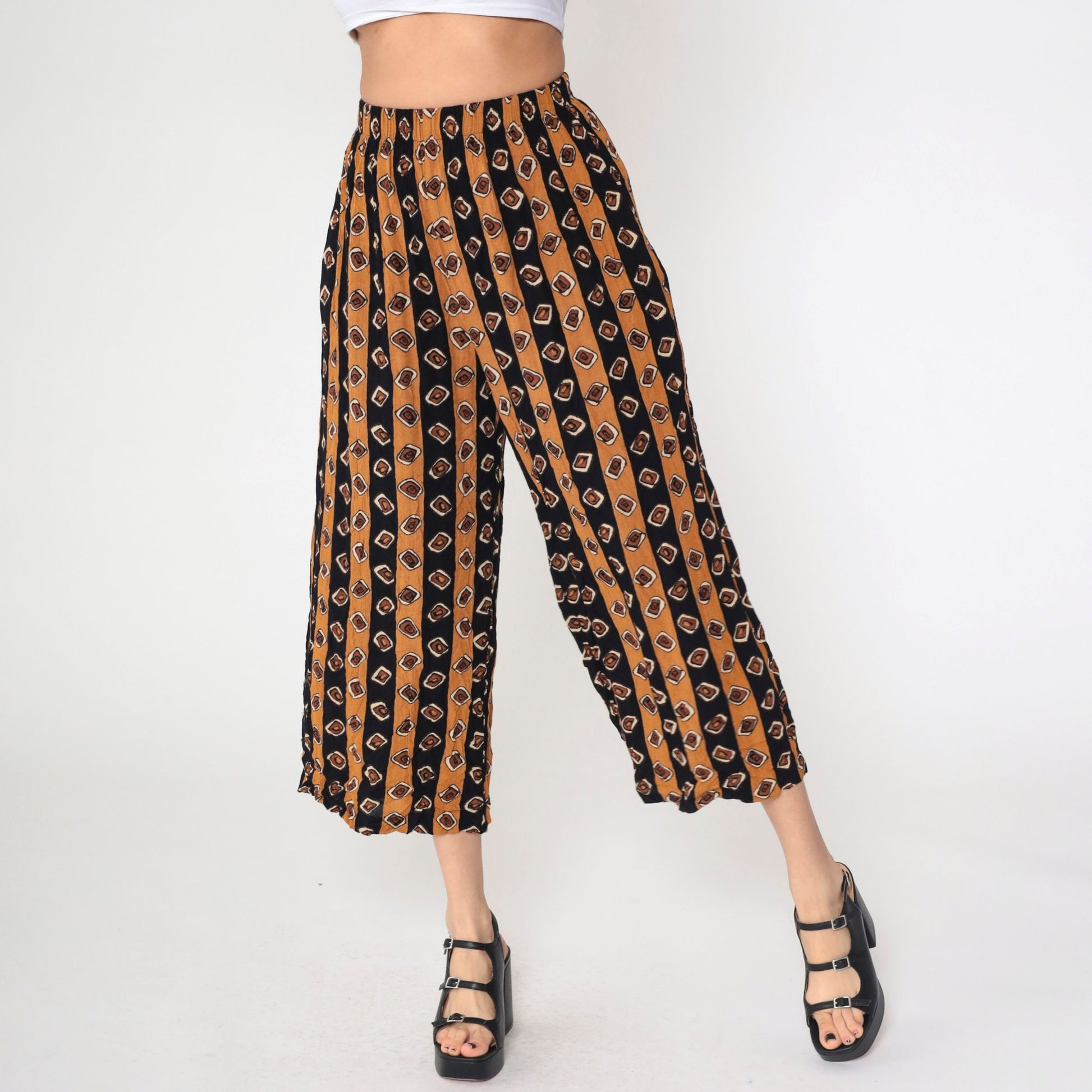 90s Geometric Striped Rayon Capri Pants Burnt Orange Black Elastic Waist XS