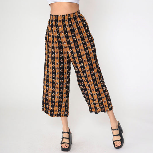 90s Geometric Striped Rayon Capri Pants Burnt Orange Black Elastic Waist XS