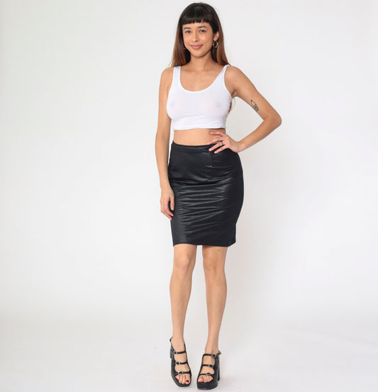 90s Black Pleather Mini Pencil Skirt High Waist Rear Zip Small
