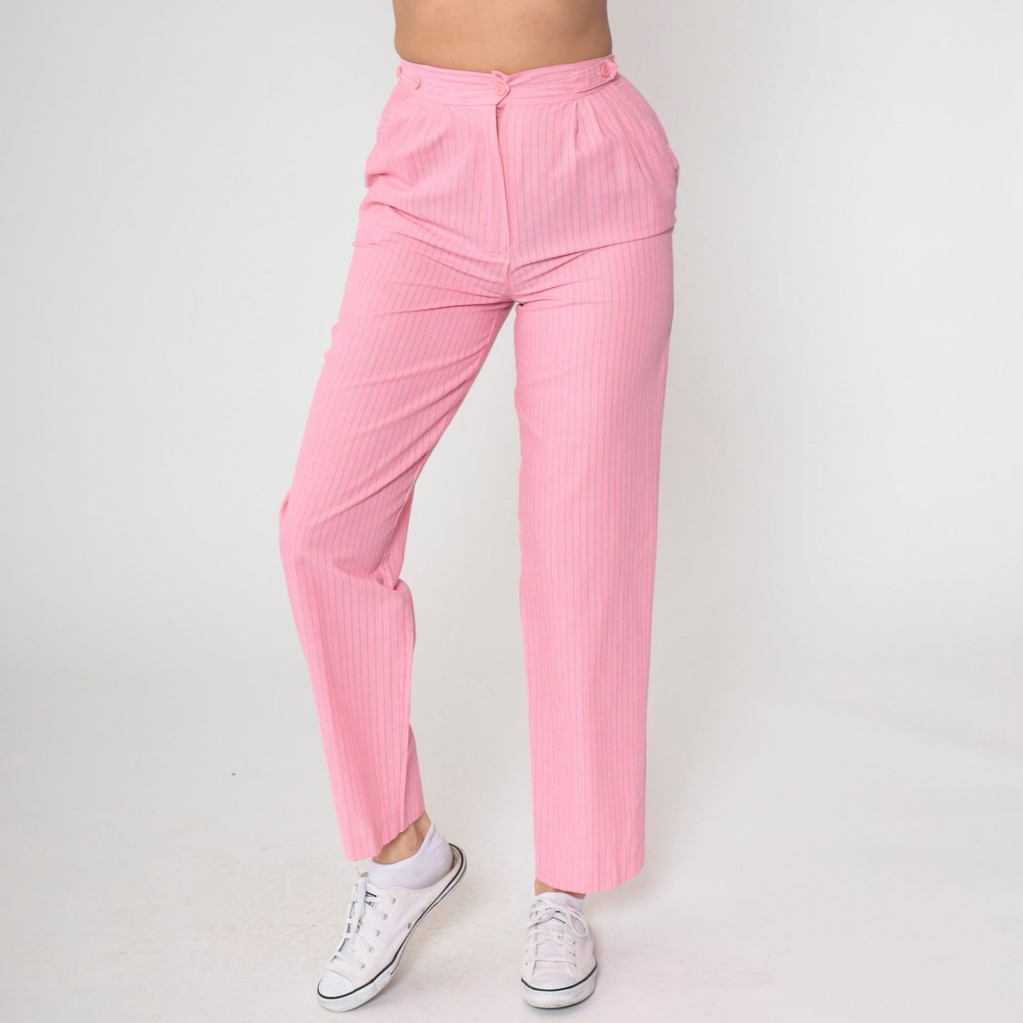 80s Pink Pinstripe High-Rise Pleated Trousers Straight Leg Small