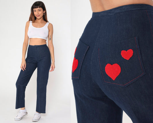 80s Dark Wash Straight Leg Jeans High Rise Embroidered Hearts CR Small S