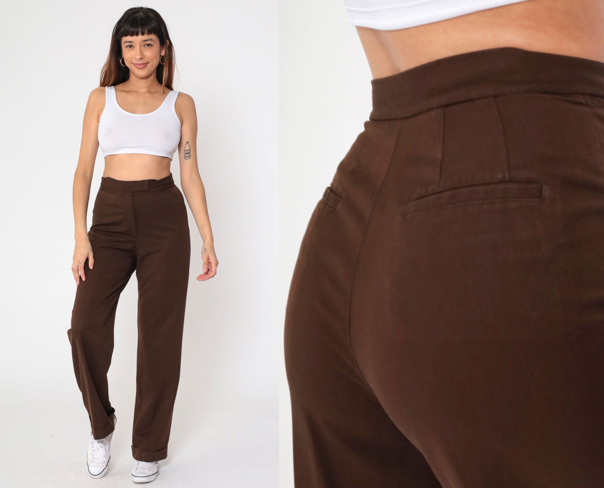 00s Liz Claiborne Brown High-Waisted Cuffed Straight Trousers Small 4