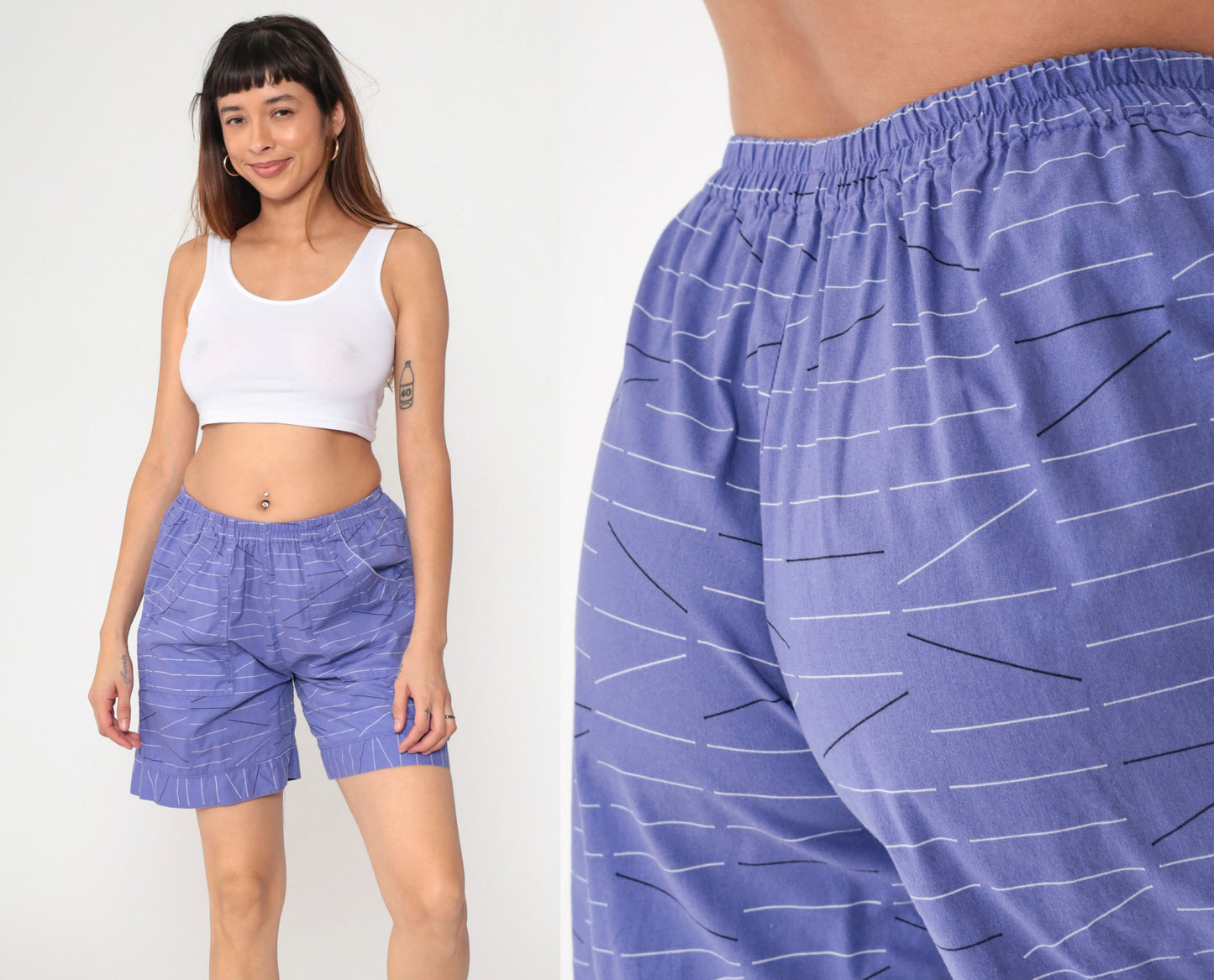 Y2K Purple Striped Shorts Elastic Waist High Rise Cotton Small Medium