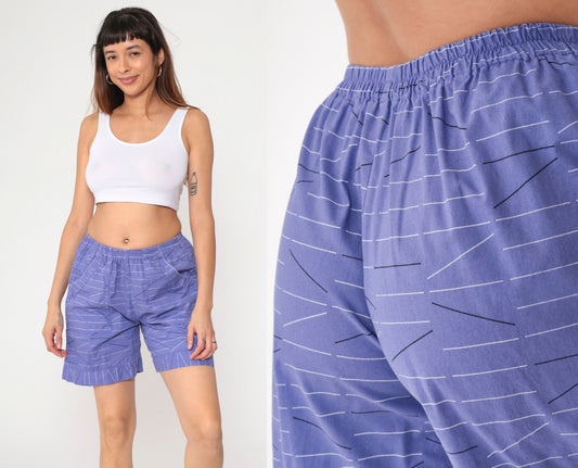 Y2K Purple Striped Shorts Elastic Waist High Rise Cotton Small Medium