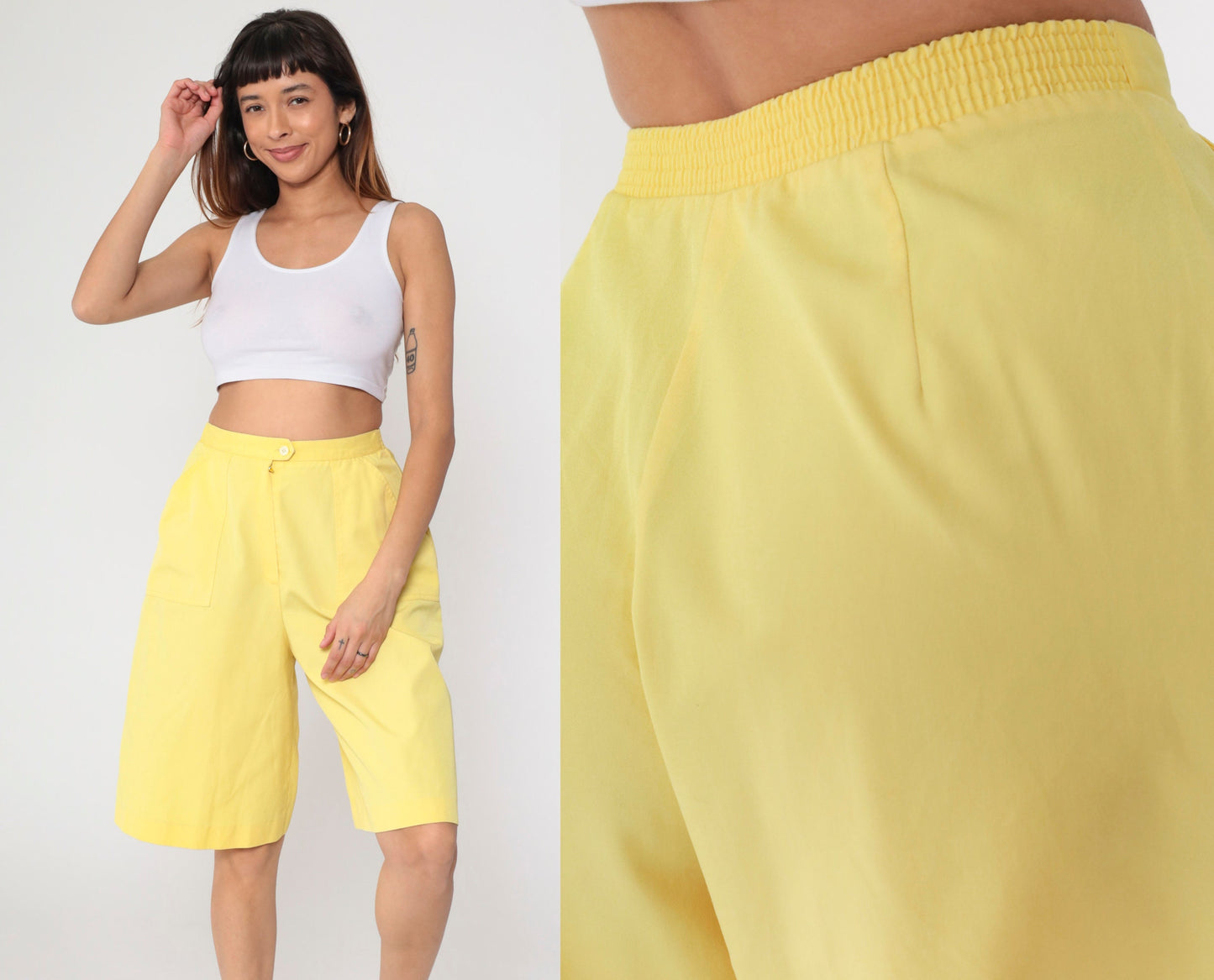 80s Koret Yellow High-Waisted Bermuda Shorts Patch Pocket Small Medium