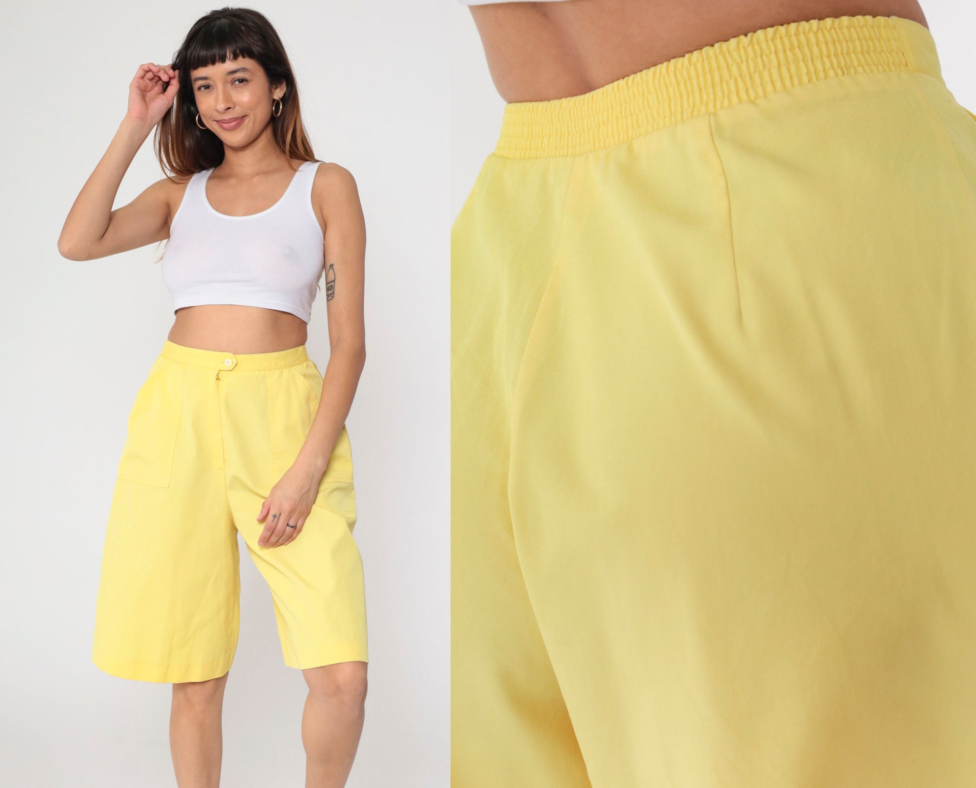 80s Koret Yellow High-Waisted Bermuda Shorts Patch Pocket Small Medium