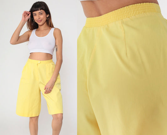 80s Koret Yellow High-Waisted Bermuda Shorts Patch Pocket Small Medium